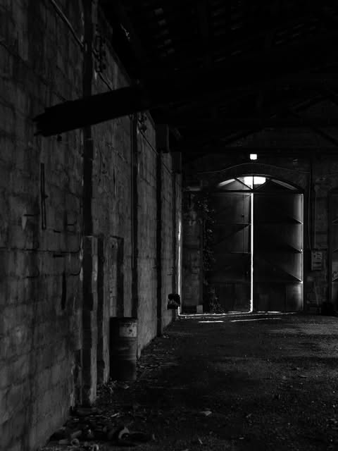 A dark corridor opening onto a lit doorway — black-and-white photograph